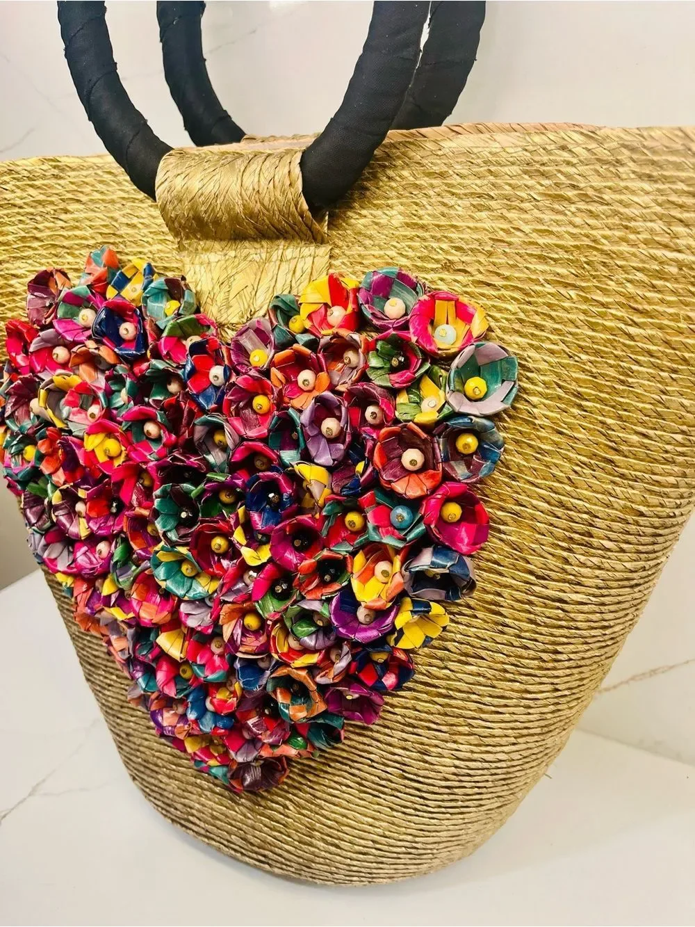 Floral Heart Straw Tote Bag | Handmade Statement Beach Market Bag